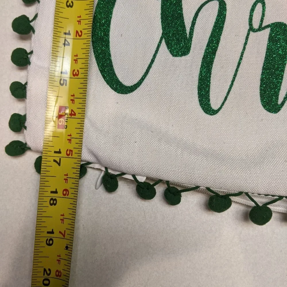 Pillow cover, (1), off white green red, sparkle, green pompom trim